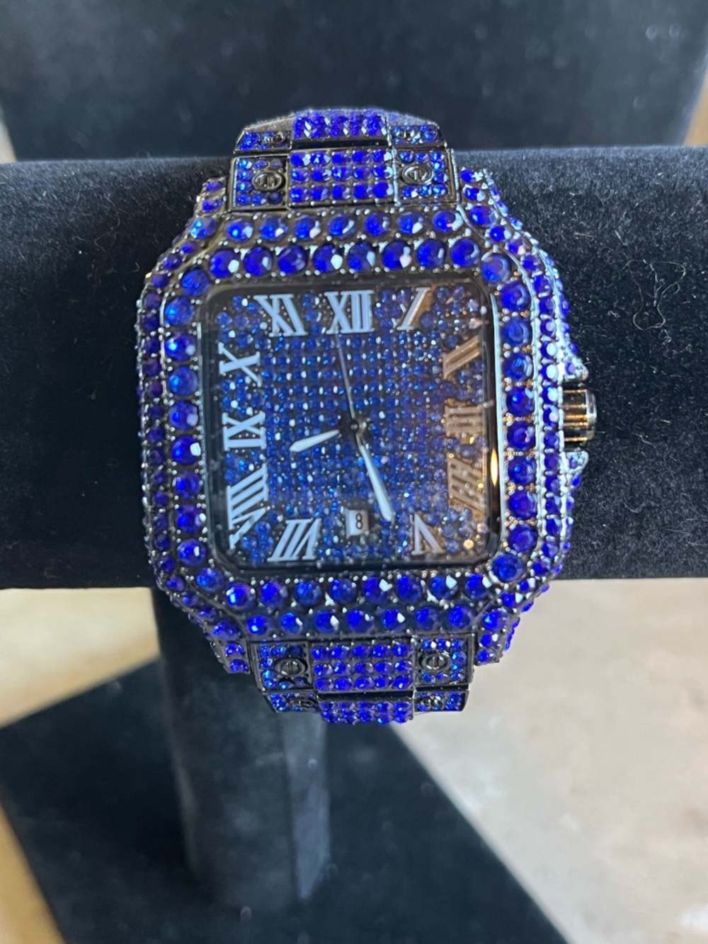 Blue Crystal-Embellished Square Dial Watch